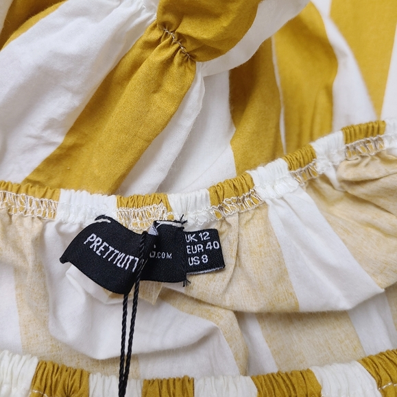 PrettyLittleThing Mustard Striped Bardot Jumpsuit - Picture 12 of 13